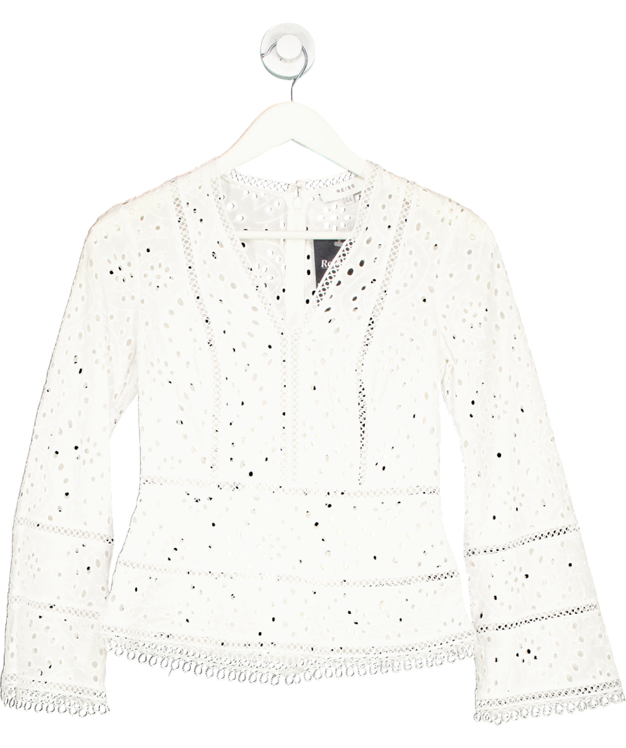 REISS White Enid Cotton Embroidered Shirt UK 4
