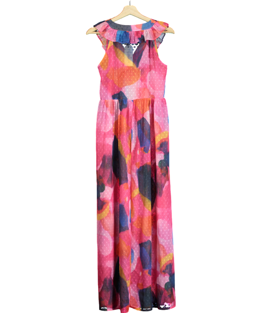 Pia Rossini Multicoloured Fuchsia Maxi Dress With Tropical Abstract Print And Ruffle Detail UK S