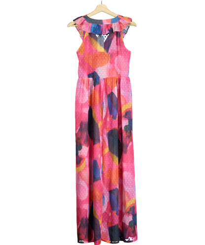 Pia Rossini Multicoloured Fuchsia Maxi Dress With Tropical Abstract Print And Ruffle Detail UK S