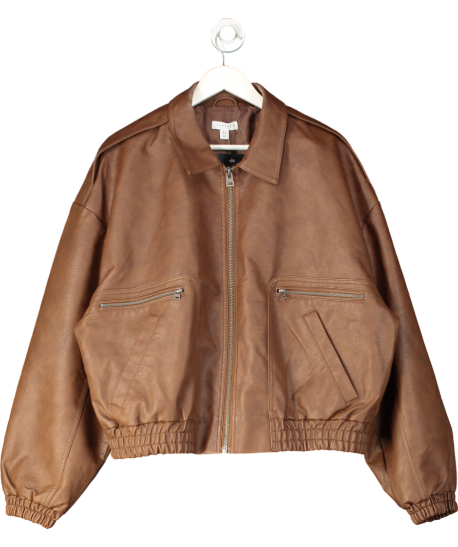 Topshop Faux Leather Oversized Bomber Jacket In Brown UK L