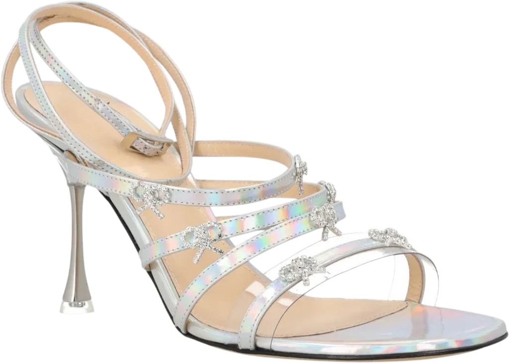 MACH & MACH Metallic Silver Iridescent Leather Crystal Bow Sandals UK 6 EU 39