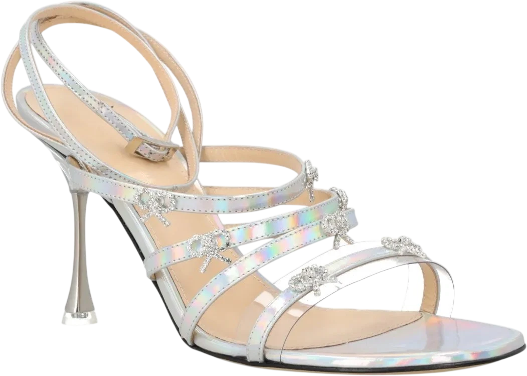 MACH & MACH Metallic Silver Iridescent Leather Crystal Bow Sandals UK 6 EU 39