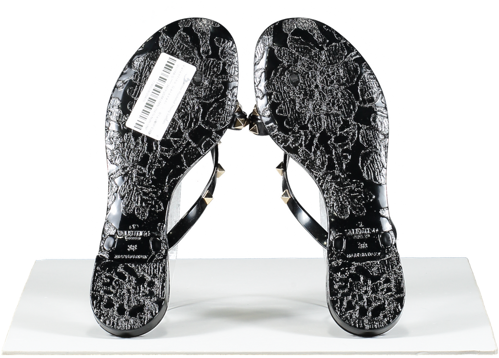 Valentino Garavani Black Rubber Rockstud Bow Thong Sandals UK 5 EU 38 👠