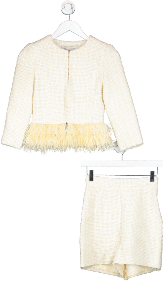 Sava Couture Cream Tweed Suit With A Cropped Jacket Trimmed With A Feather Fringe UK S