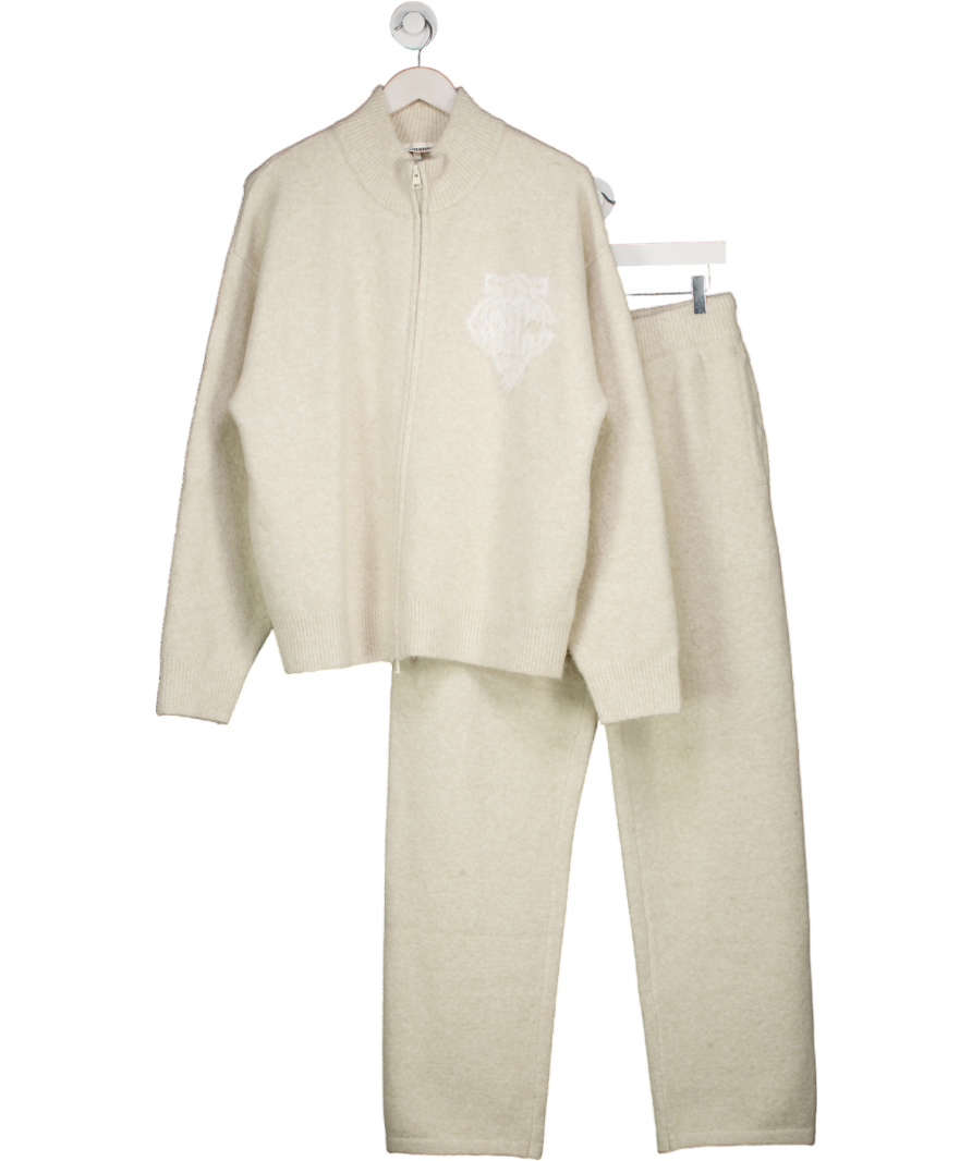 The Couture Club Cream 2-piece Monogram Fluffy Knit Zip Through And Straight Leg Jogger Set UK S
