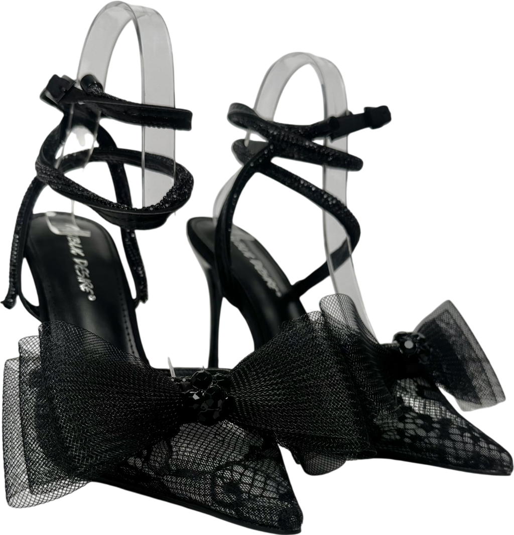 Public Desire Brat Black Diamante Strap Wrap Around Pointed Stiletto Heels UK 6 EU 39 👠