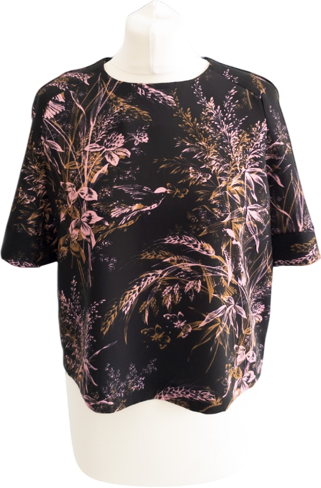 WHISTLES Navy Blue Floral Crepe Tee UK 8