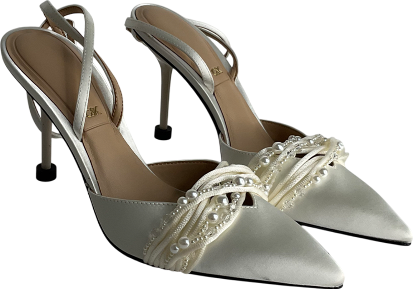 Charles & Keith White Leda Beaded Satin Ankle-strap Pumps UK 5 EU 38 👠