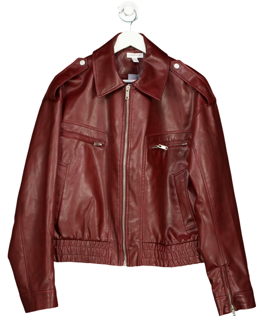 Topshop Red Faux Leather Cropped Collar Bomber Jacket UK M