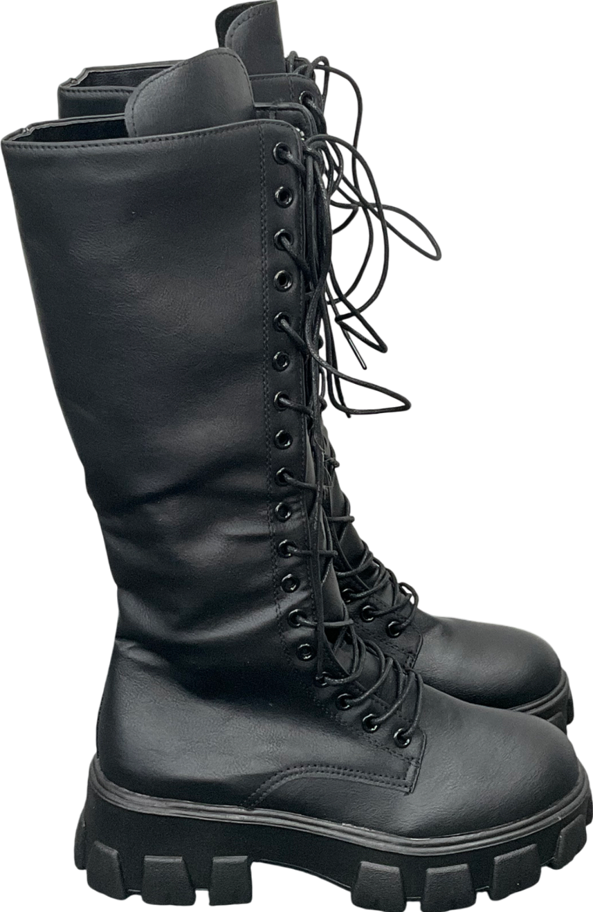 Black Chunky Sole Lace Up Knee High Boots UK 4 EU 37 👠