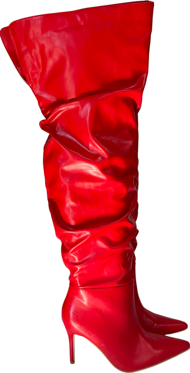 PrettyLittleThing Cherry Red Point Toe Patent Pu Angled Edge Knee High Heeled Boots UK 6 EU 39 👠