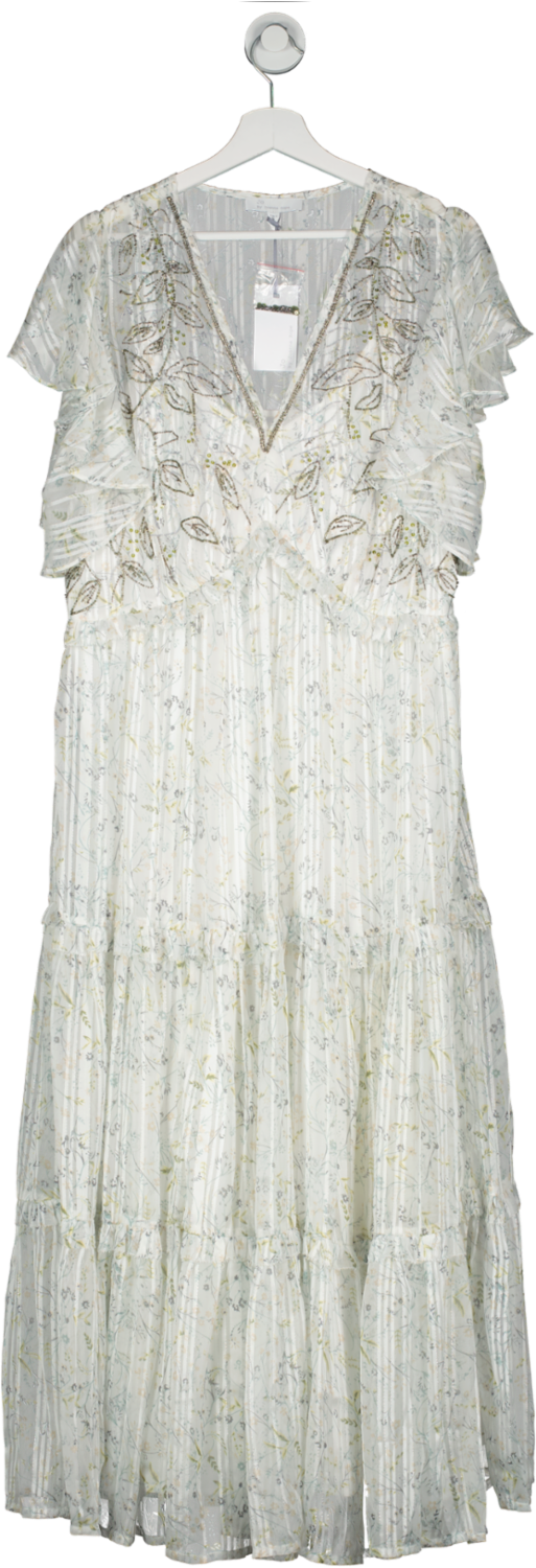 JOANNA HOPE White Jo By Joanna Hope Floral Striped Cream Beaded Frill Maxi Dress UK 18