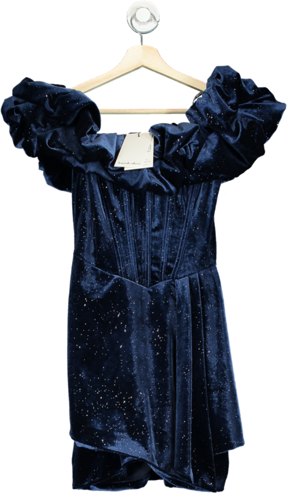 Lavish Alice Navy Off-Shoulder Velvet Mini Dress with Glitter Detail UK 8