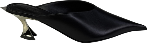 MUGLER Black Leather Fang 55 Sculptural Kitten Heel Mules UK 4 EU 37 👠