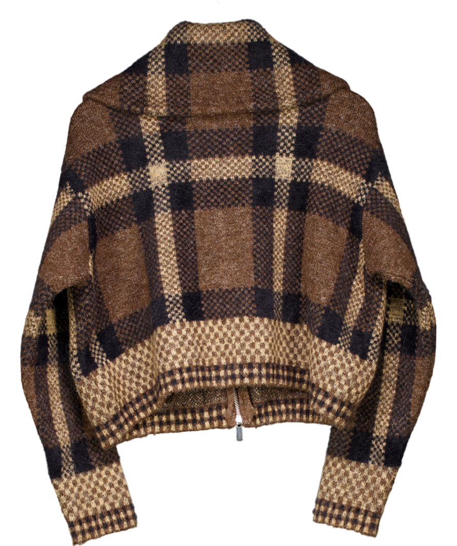 ZARA Brown Checked Knit Bomber Jacket UK M