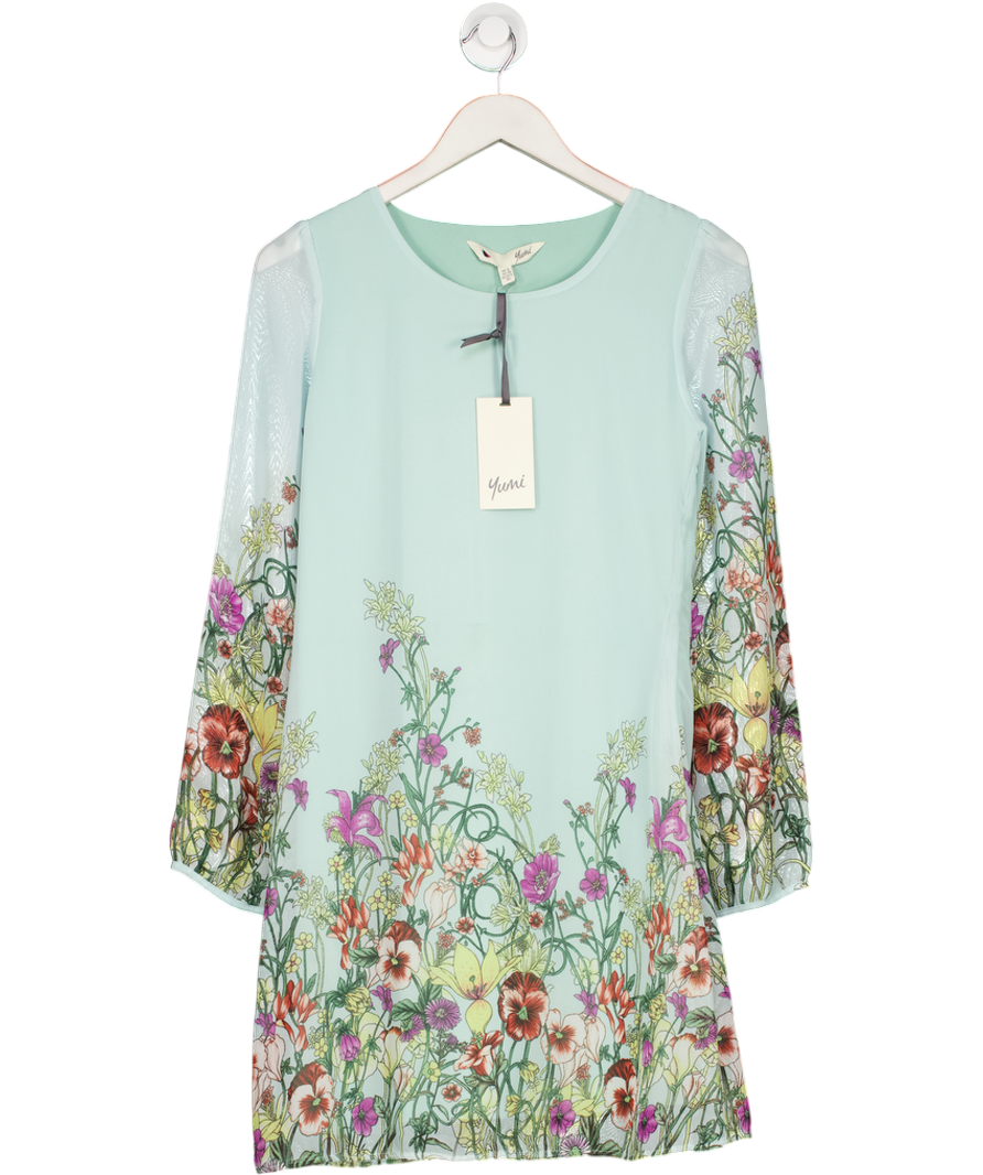 Yumi Aqua Blue Floral Print Long Sleeve Shift Dress UK 8