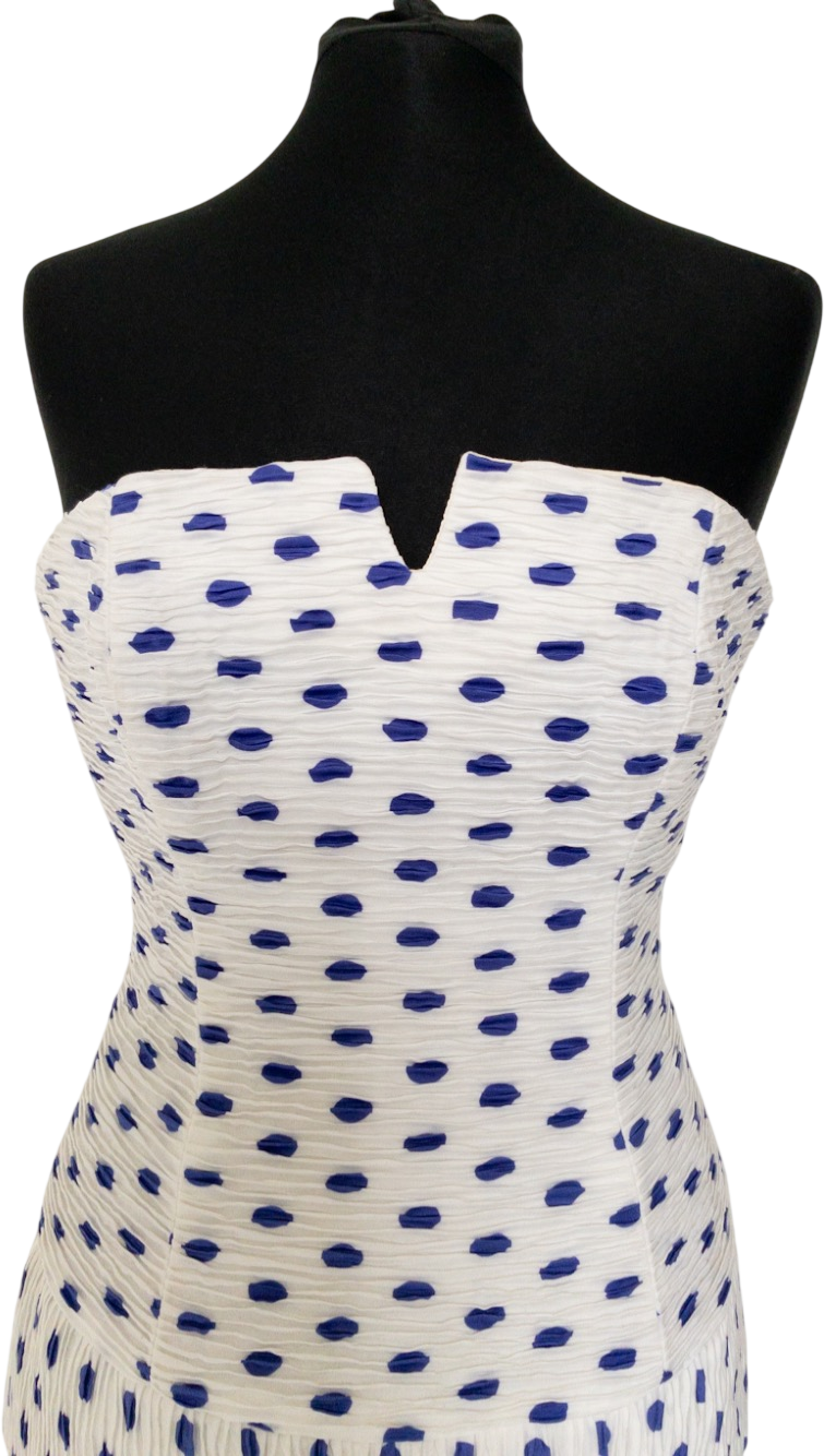 CAROLINE CHARLES LONDON White / Blue Polka Dot Tiered Structured Occasion Dress UK 10