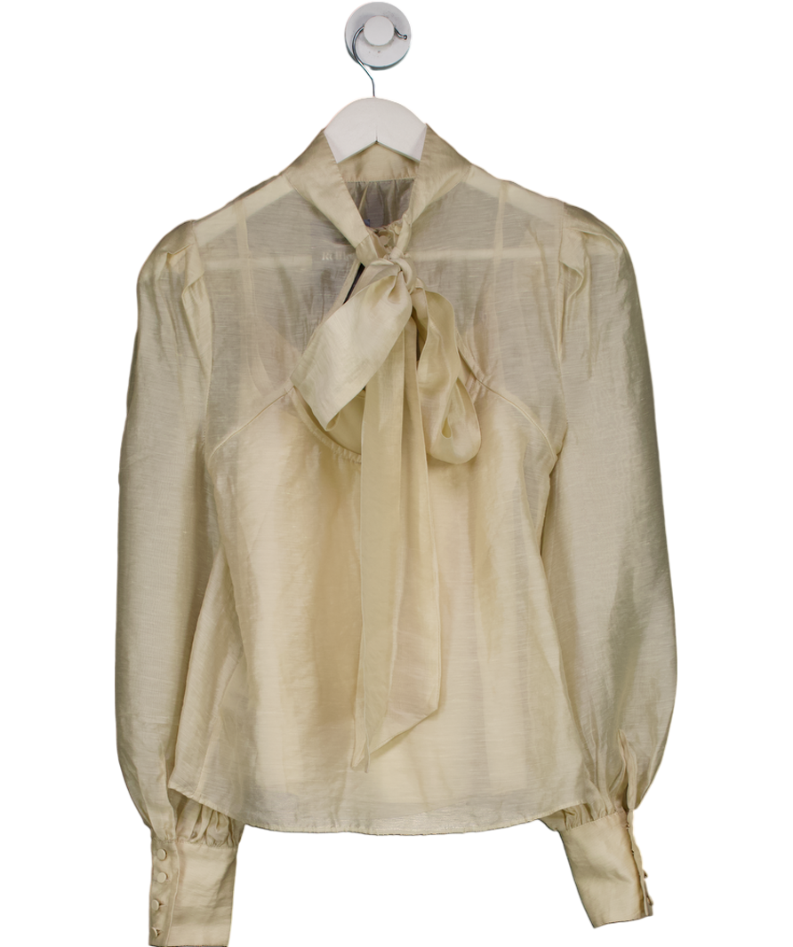 Karen Millen Cream Sheer Bow Back Puff Sleeve Blouse UK 6
