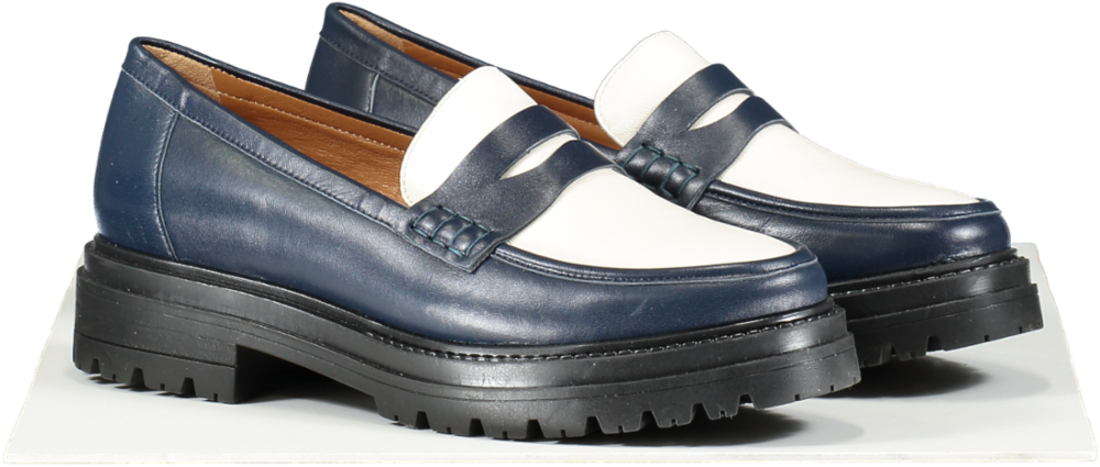 Sezane Navy Blue / White Leather Albane Loafers UK 8 EU 41 👠