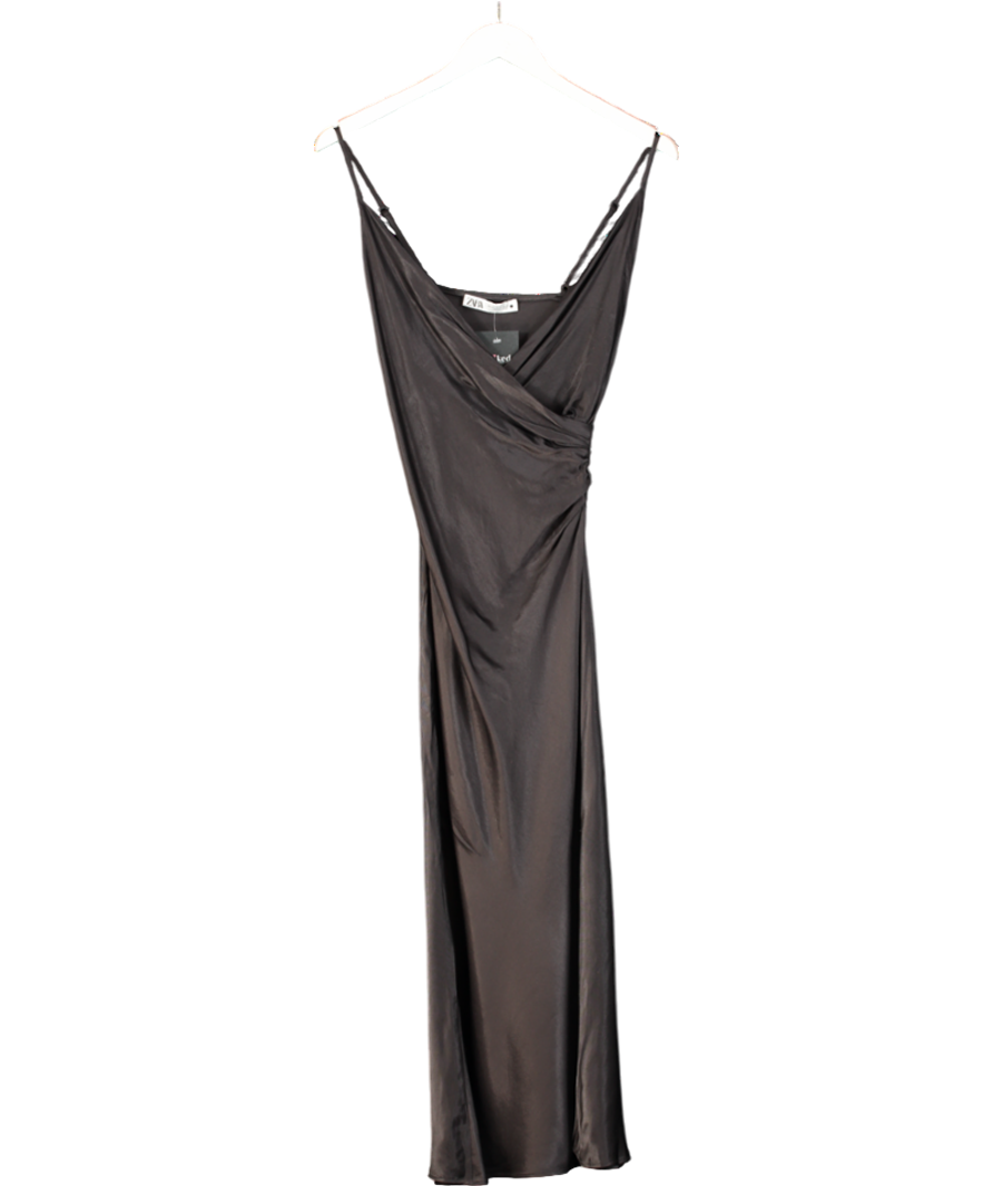 ZARA Black Satin Midi Dress UK XS