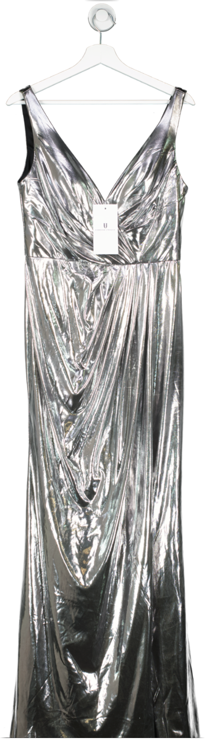 Forever Unique Metallic Limited Edition Silver Maxi Dress With Gathered Waist And Split UK 12