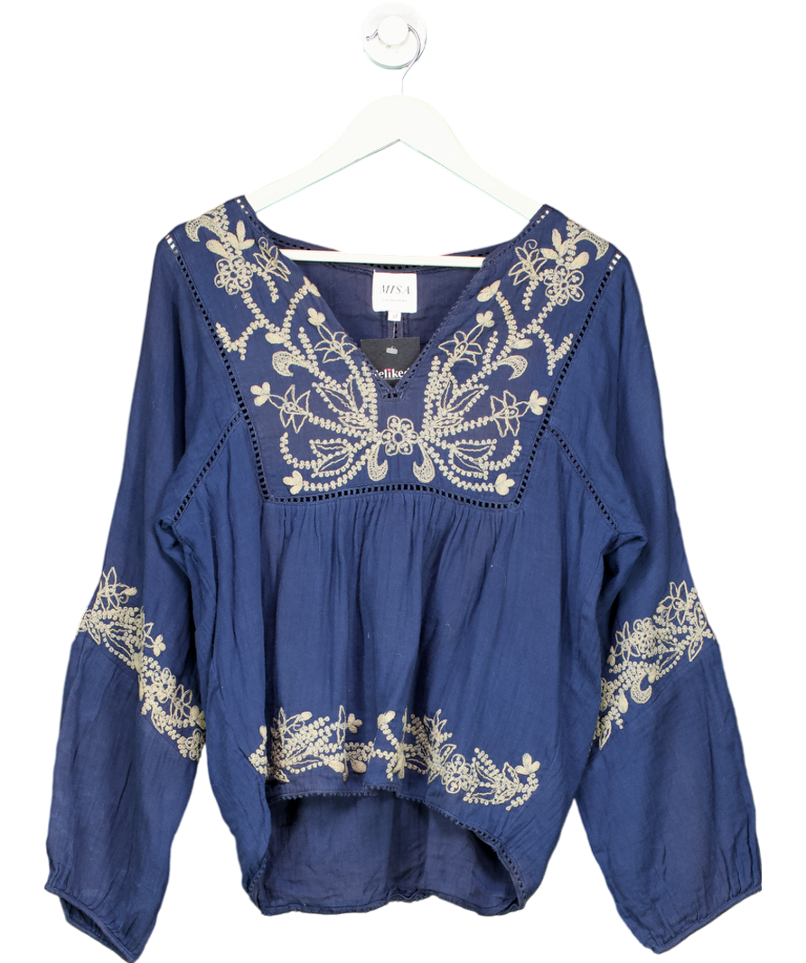MISA Los Angeles Blue Embroidered Cotton Top UK M