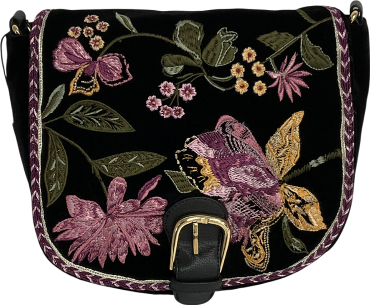 Monsoon Freya Embroidered Velvet Saddle Bag Black