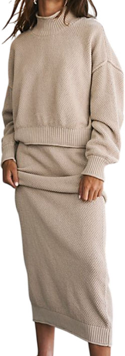 FREE PEOPLE 2-piece  Beige Haille 100% Cotton Knit Jumper & Maxi Skirt Set UK M