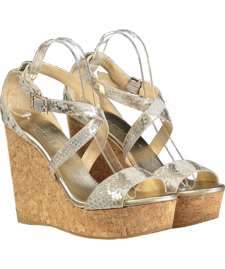 Jimmy Choo Metallic Gold Portia 120 Snakeprint Cork Wedges UK 8 EU 41 👠