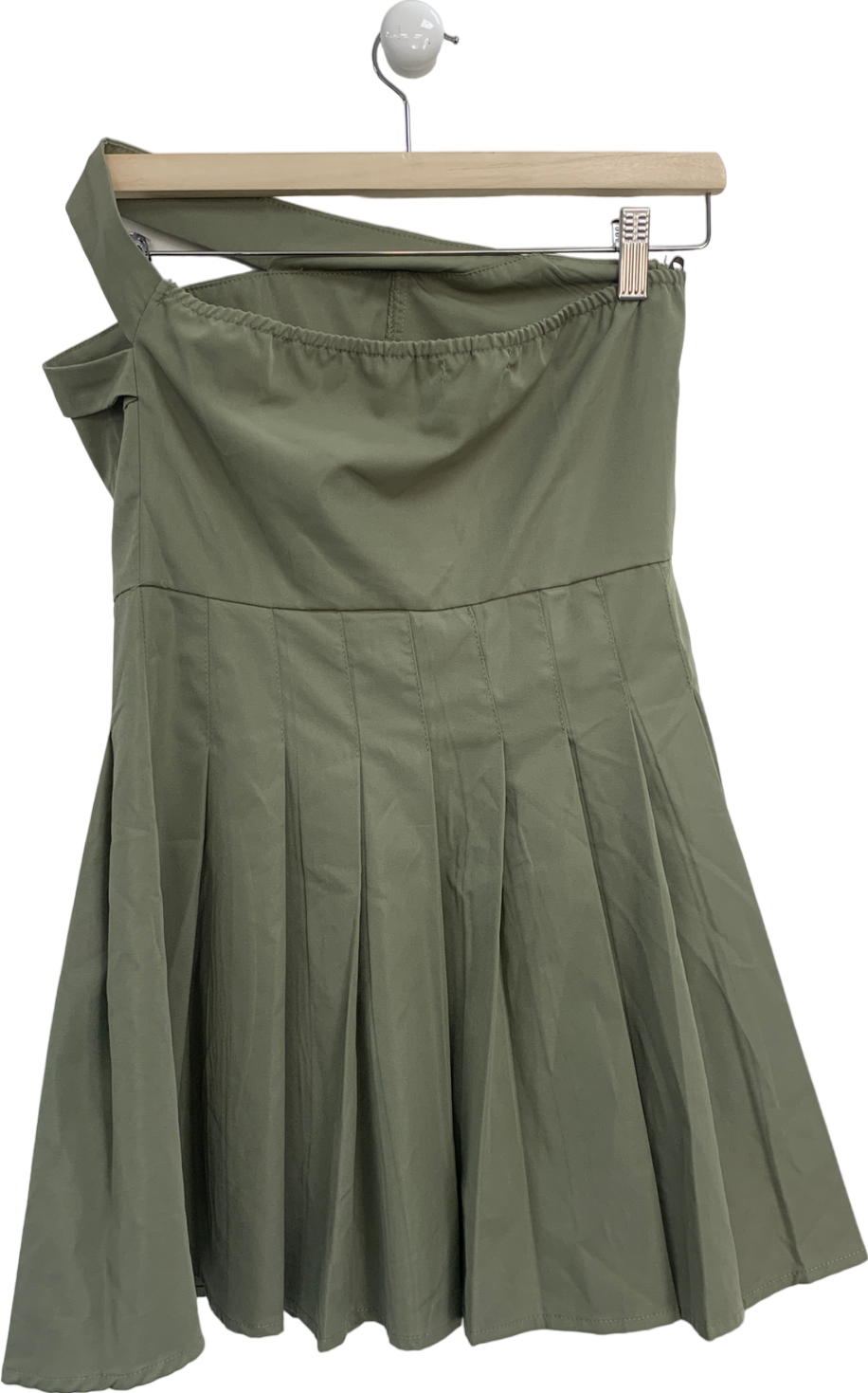 PrettyLittleThing Green Khaki Tailored Bandeau Pleated Shift Dress UK 8