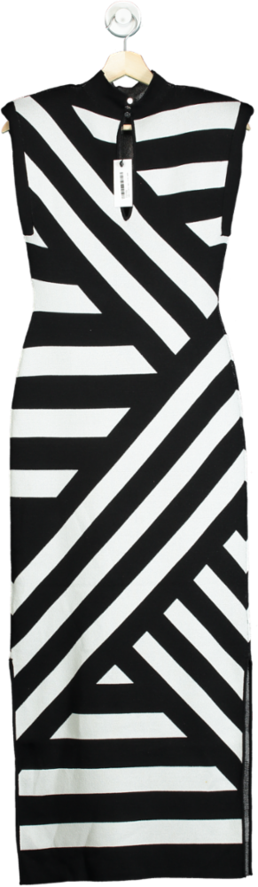 Karen Millen Black and White Stripe Power Shoulder Knit Midi Dress UK S