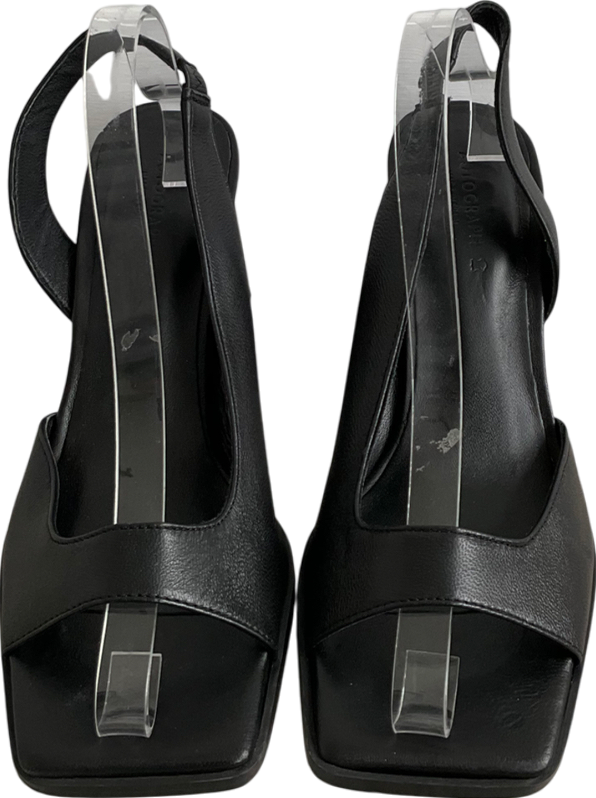 M&S Black Square Toe Leather Chunky Heels UK 8 EU 41 👠