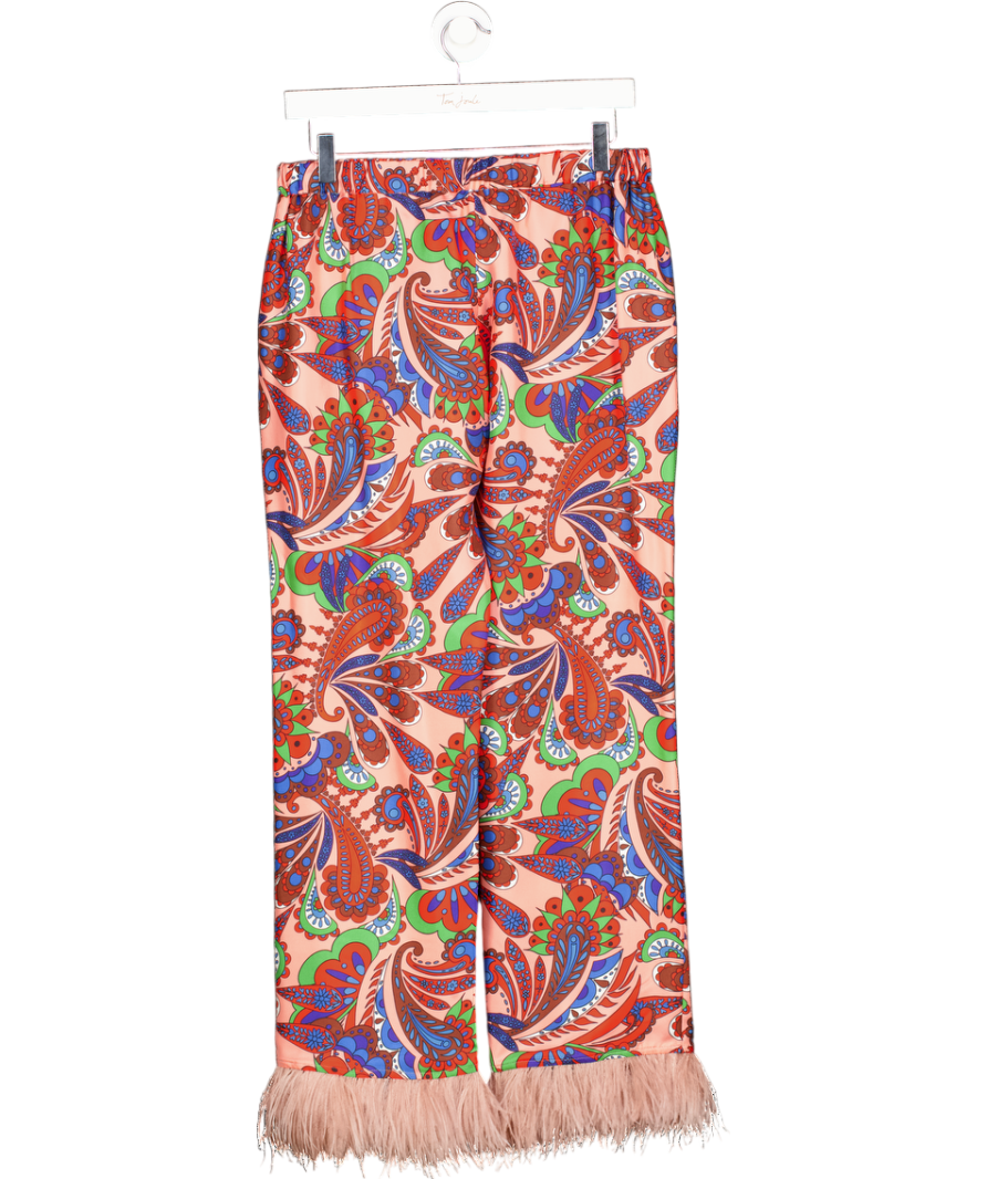 Borgo De Noir Multicoloured Printed 100% Silk Feather Trim Trousers Us6 UK 10