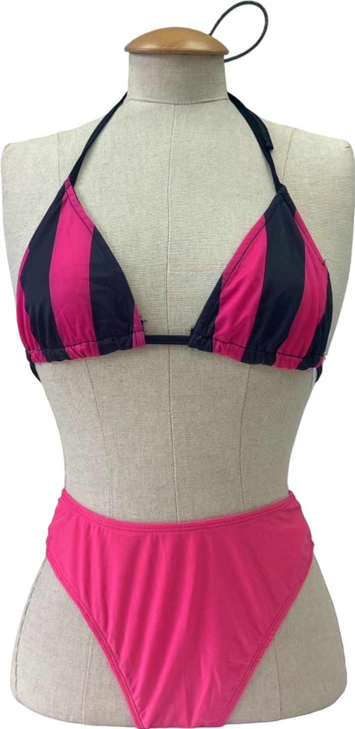 PrettyLittleThing Pink and Black Stripe Bikini Top and Bottoms with Black and Pink Trousers Size UK 10