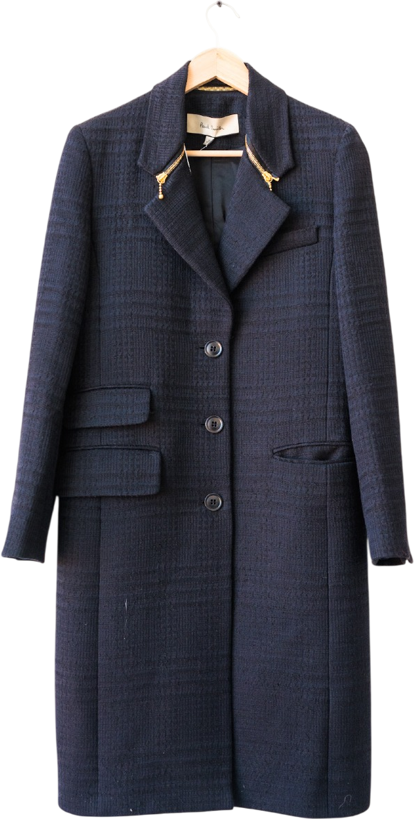 PAUL SMITH Navy / Black Virgin Wool & Cotton Blend Tweed Tailored Coat It40 UK 8
