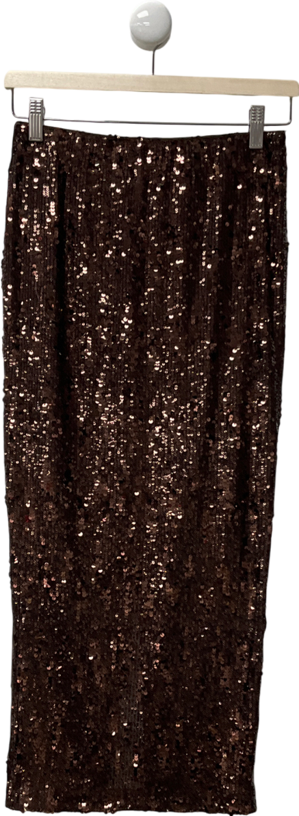 New Look Brown Sequinned Mesh Midi Skirt UK 8