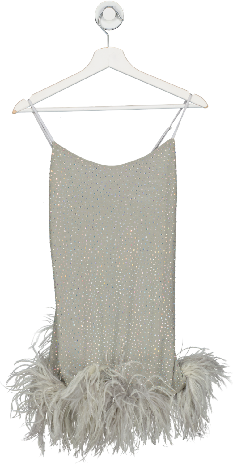 Leslie Amon Grey Laurie Feather Trimmed Rhinestone Crepe Mini Dress UK S