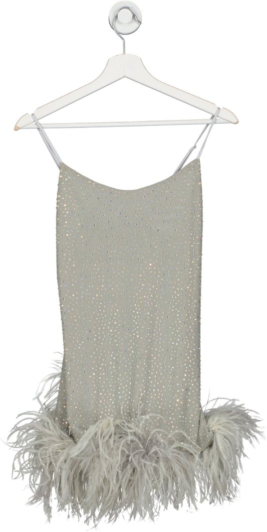 Leslie Amon Grey Laurie Feather Trimmed Rhinestone Crepe Mini Dress UK S