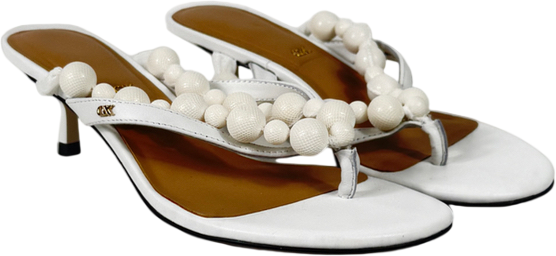 Charles & Keith White Leather Beaded Thong Kitten Heels - Chalk UK 4 EU 37
