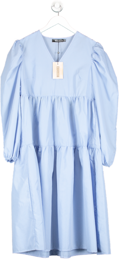 Missguided Blue V Neck Puff Sleeve Smock Midi Dress UK 8