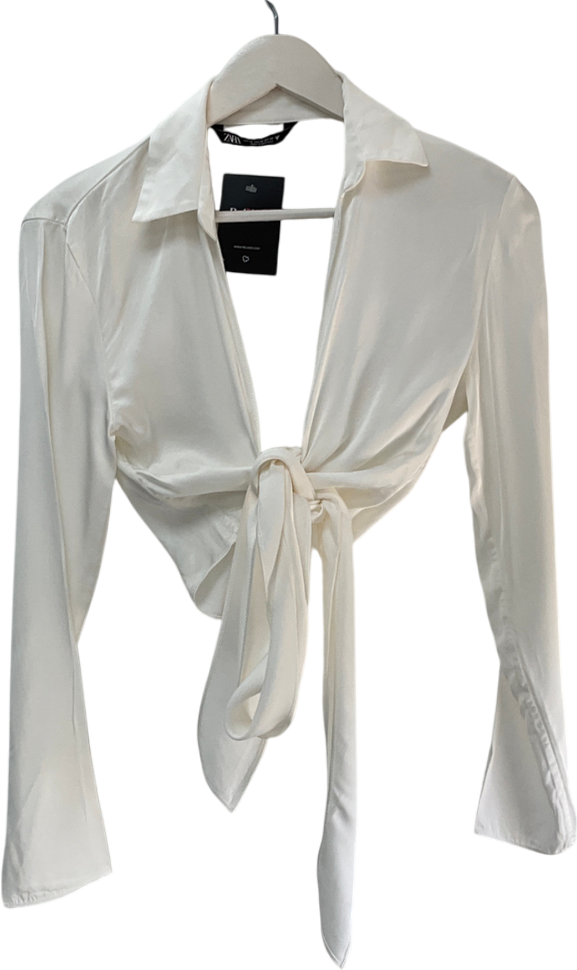 ZARA White Satin Long Sleeved Top UK XS