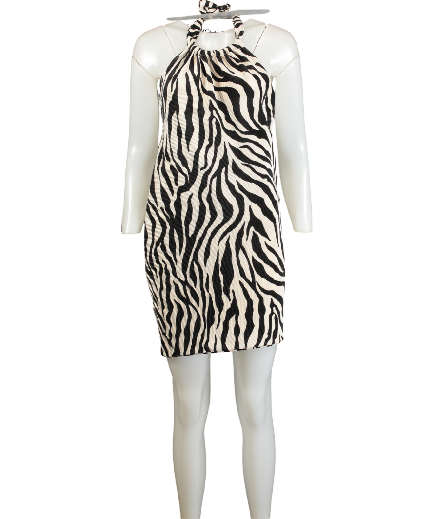 kasela x bethan White Zebra Print Halter Neck Backless Dress UK M/L