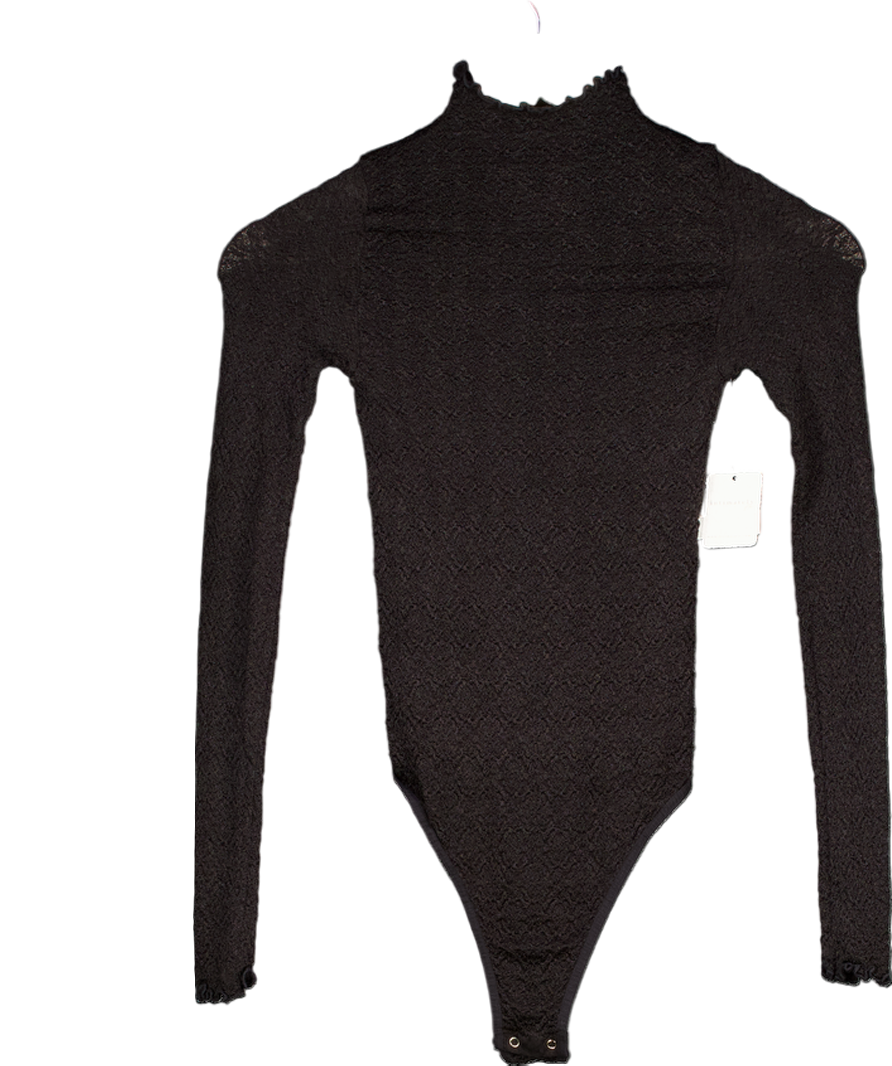 Free People Black Crinkle Long Sleeve Bodysuit UK M/L