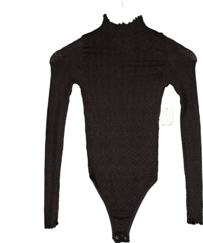 Free People Black Crinkle Long Sleeve Bodysuit UK M/L