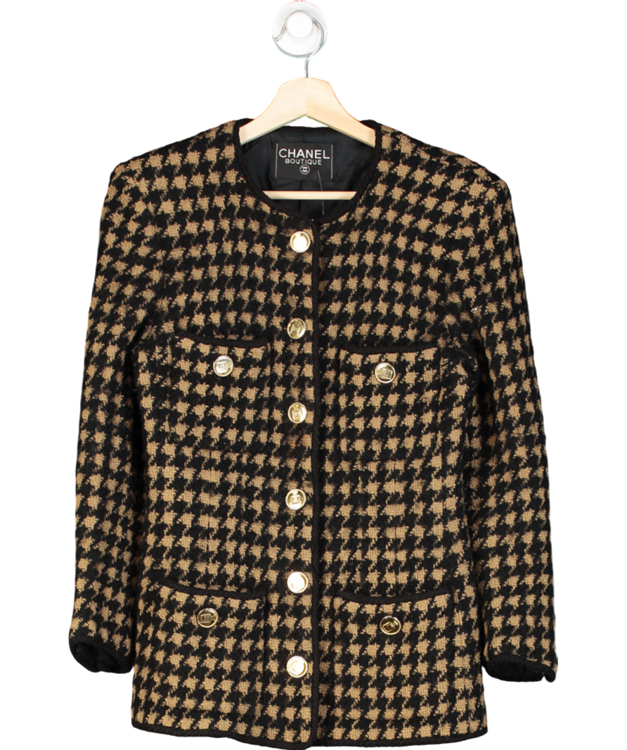 Chanel Camel/ Black Houndstooth Tweed Wool Jacket with: Perfume Bottle gold buttons UK S