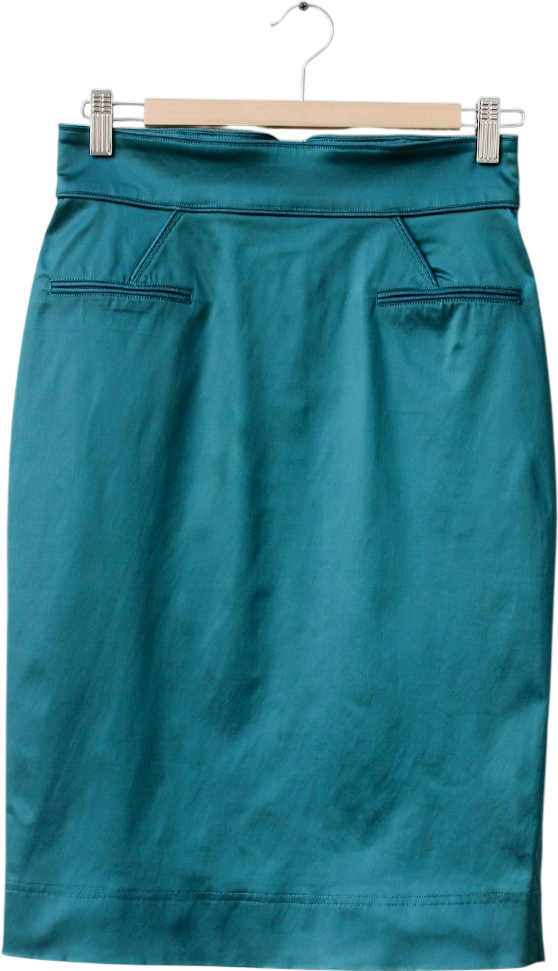 ZAC POSEN Petrol Blue Duchess Satin Structured High Waist Pencil Skirt UK 10