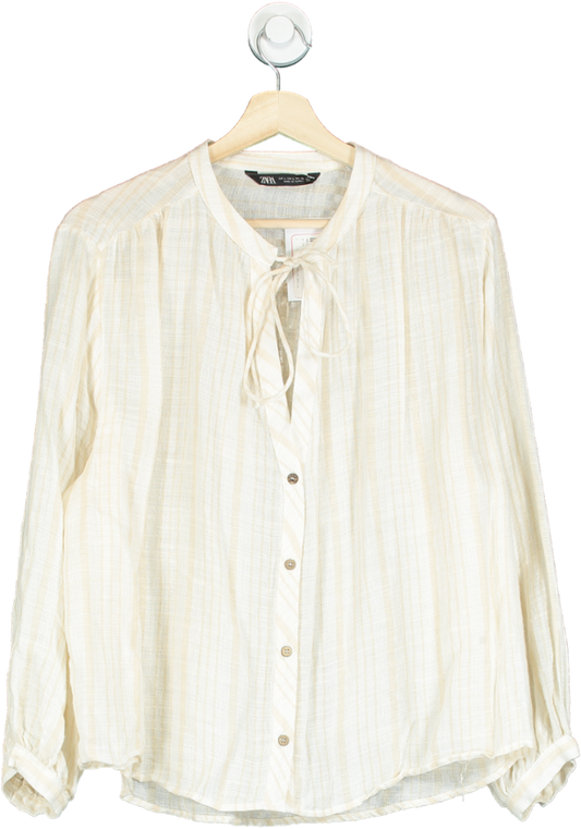 ZARA Cream Striped Cotton Open Neck Shirt UK L