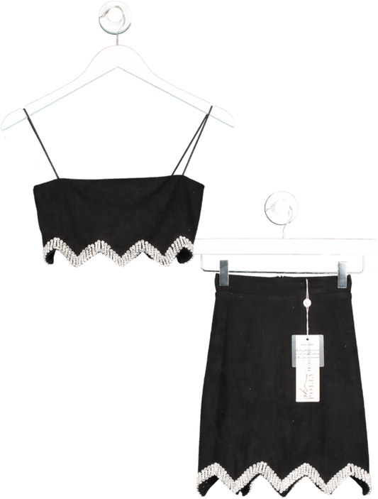 Oh Polly Black Shine Bright Like A Diamond Embellished Suede Crop Top And Mini Skirt UK 8
