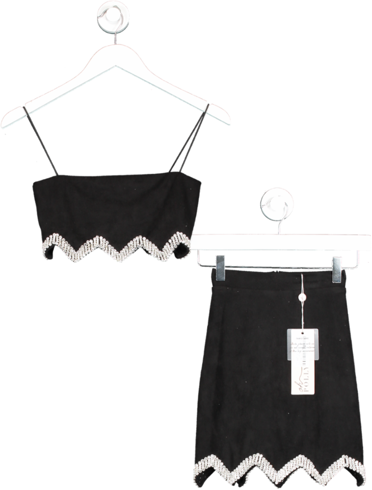 Oh Polly Black Shine Bright Like A Diamond Embellished Suede Crop Top And Mini Skirt UK 8