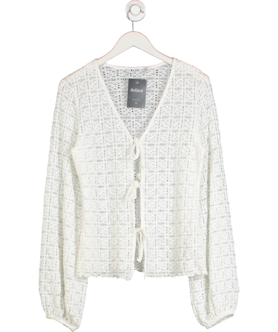 NA-KD White Balloon Sleeve Tie Top UK S